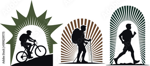 Silhouette trio cyclist hiker and runner against abstract backgrounds