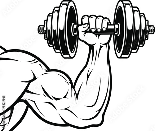 Strong arm flexing with dumbbell a black and white illustration