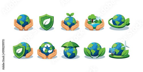Set of eco-friendly icons featuring planet Earth and nature symbols