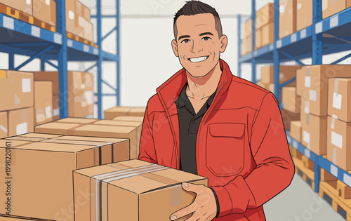 Warehouse worker carrying cardboard boxes in storage facility