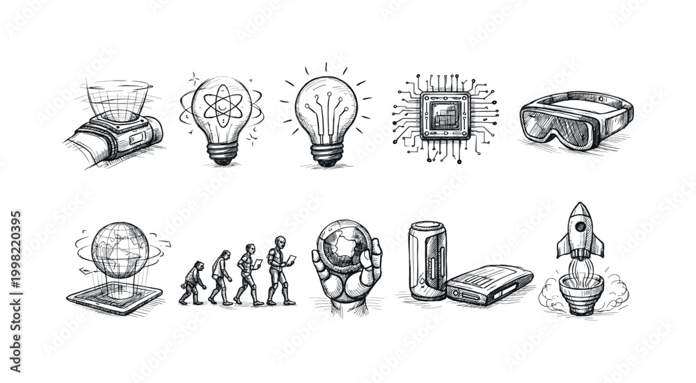 Fototapeta premium Collection of hand-drawn icons representing innovation, technology, and progress