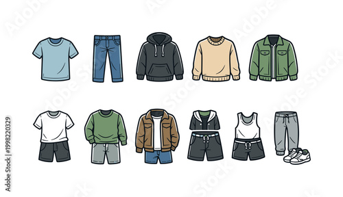 Collection of casual men's clothing items and outfits for everyday wear