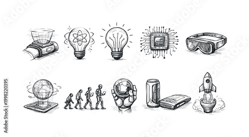 Collection of hand-drawn icons representing innovation, technology, and progress