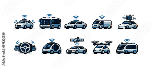 Pixel art collection of autonomous vehicles and related technology icons