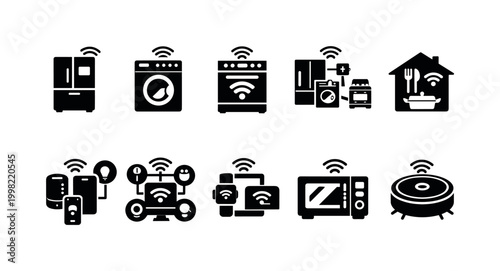 Collection of smart home appliance icons connected wirelessly for modern living
