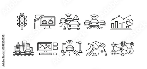 Smart city transportation icons depicting autonomous vehicles and traffic management systems