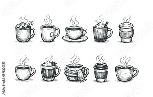 Collection of hand-drawn steaming hot beverages in various cups and mugs
