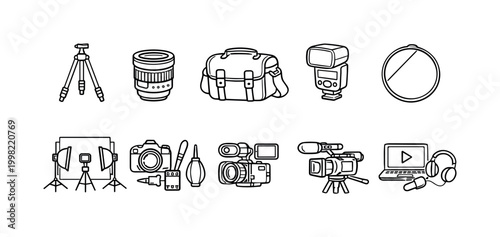 Collection of hand-drawn icons representing photography and videography equipment