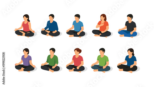 Diverse group of people meditating in lotus pose, promoting wellness and mindfulness