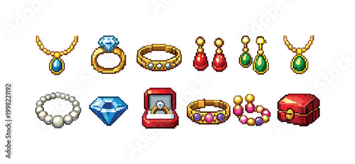 Pixel art collection of precious jewelry and gems on a white background