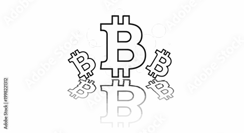 Stylized Bitcoin symbols reflected on a white surface, with faint circles