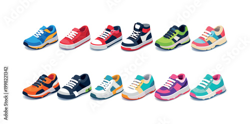 Collection of colorful athletic sneakers and casual shoes in isometric view