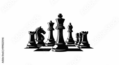 Stylized black and white chess pieces arranged on a checkered board