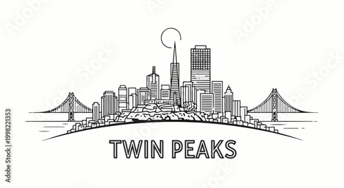 Stylized black and white city skyline with bridges and text at the bottom