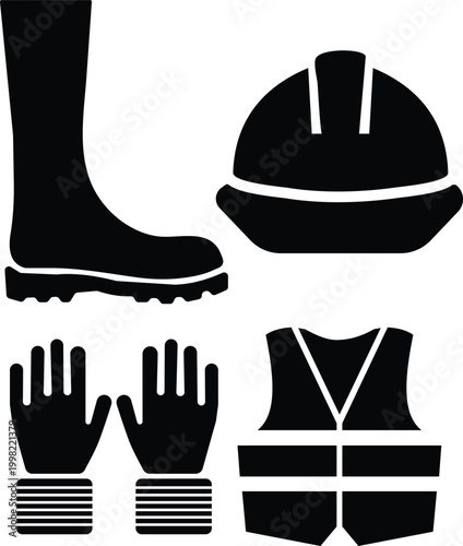 PPE safety icons vector silhouette set for construction work protection