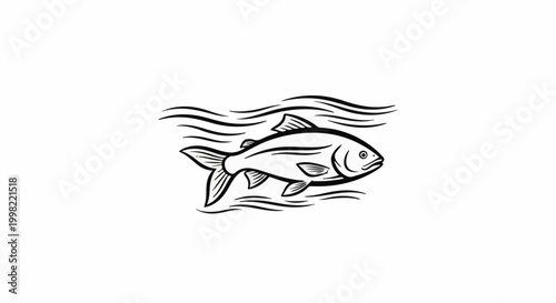 Stylized black and white drawing of a fish swimming