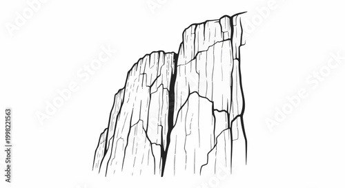 Stylized black and white drawing of a jagged, tall rock formation