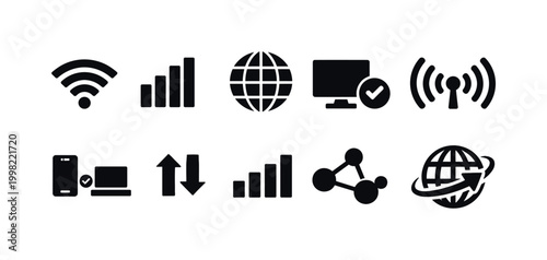 Collection of digital icons representing connectivity, data transfer, and network signals
