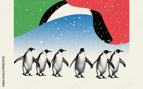 Cute Penguins Walking Together Holding Flippers on Snowy Landscape. made with generative Ai