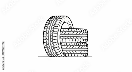 Stack of vehicle tires, one in profile showing tread, others stacked sideways