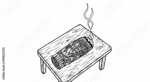 Smudging stick burning on a wooden table, wisps of smoke ascend