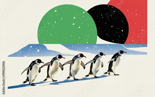 Cute Penguins Walking Together Holding Flippers on Snowy Landscape. made with generative Ai
