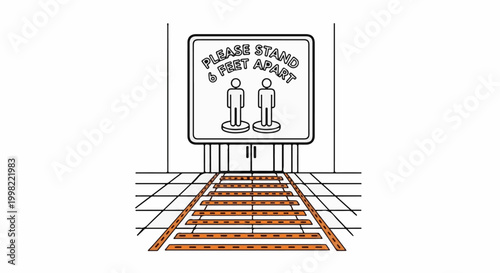 Social distancing markers lead to entrance with a sign reminding people to keep apart