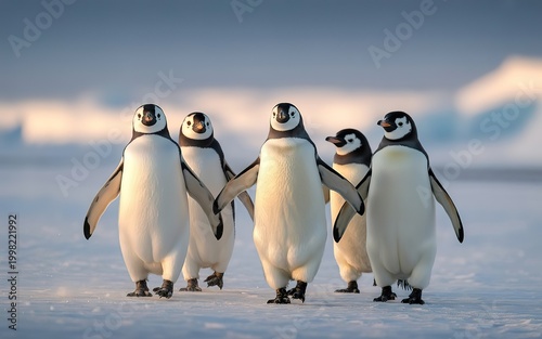 Cute Penguins Walking Together Holding Flippers on Snowy Landscape. made with generative Ai
