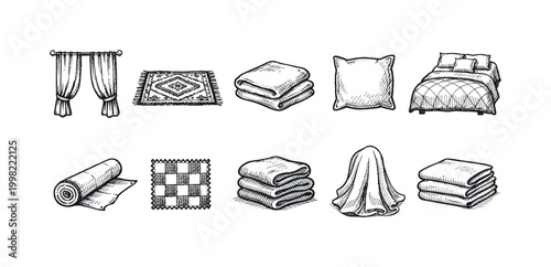 Collection of hand-drawn textile and bedding items for home decor and comfort