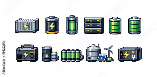 Pixel art collection of various energy storage and generation devices