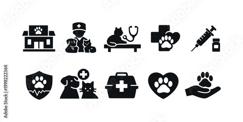 Veterinary care icons collection for animal health and medical services