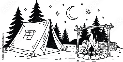 Camping scene coloring book page tent fire and moon relaxing adult kids activity