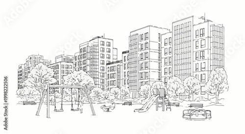 Sketch of apartment buildings with a playground in the foreground