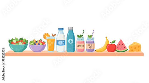 Collection of healthy foods and drinks like salad fruit bowls milk juice smoothies and snacks on wooden shelf, representing balanced diet nutrition and providing essential vitamins