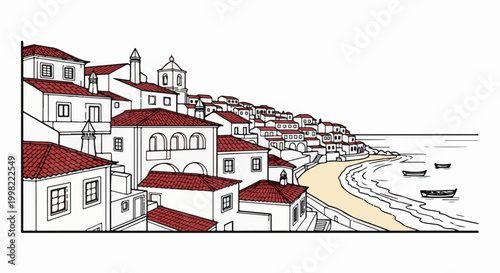 Sketch of coastal village with tiered buildings and boats on the sea