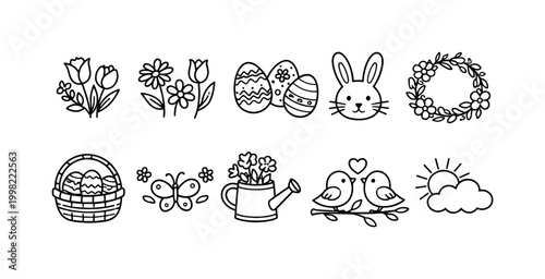 Collection of cute hand-drawn Easter and spring themed icons for design