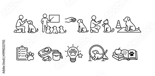 Dog training icons illustrating various commands, tools, and learning concepts