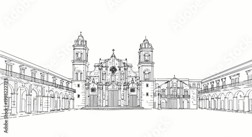 Sketch of a grand architectural complex with central building and flanking colonnades