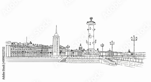 Sketch of a grand cityscape with monumental architecture and ornate lampposts