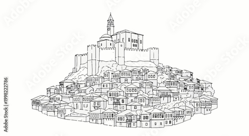 Sketch of a historic hill town with a fortress and clock tower at its summit
