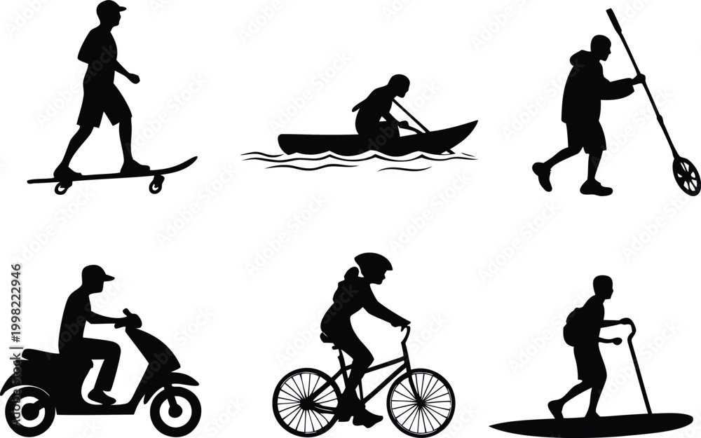 Fototapeta premium Set of black silhouettes showing people doing various outdoor sports and leisure activities