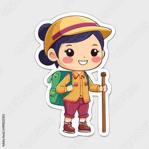 Cute Cartoon Girl Hiker with Backpack and Trekking Pole