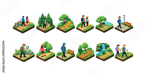 Isometric scenes of people enjoying outdoor activities like hiking and walking in nature