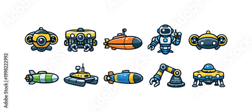 Collection of cute cartoon marine robots and submarines for underwater exploration