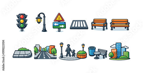 Collection of urban elements and city icons for design and illustration