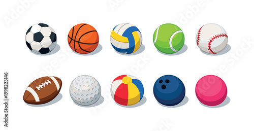 Collection of diverse sports balls arranged in two rows on a white background