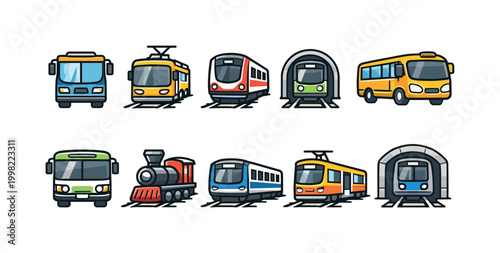 Collection of colorful public transport vehicle icons for urban mobility concepts