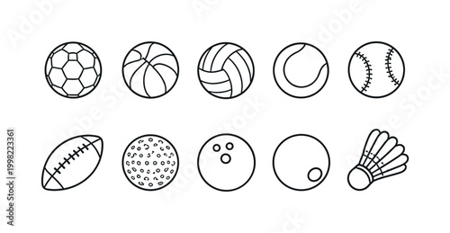 Collection of diverse sports balls and shuttlecock icons in a simple line art style