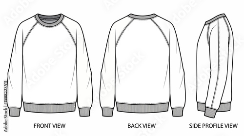 Technical flat sketch of a blank oversized raglan sweatshirt showing front, back and side views, providing a template for apparel manufacturing and illustrating design technical packs