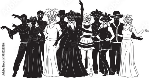 Black and white vector illustration of a diverse group wearing elegant masquerade masks and formal costumes for a mysterious party